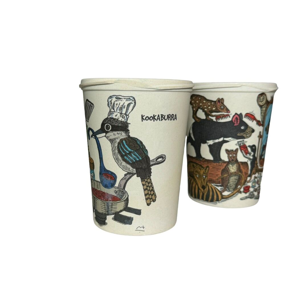 Squidinki Eco-Bamboo Fibre Keep Cups Tasmanian Devil Kookaburra 2 Cups 1 Lid - Picture 2 of 9